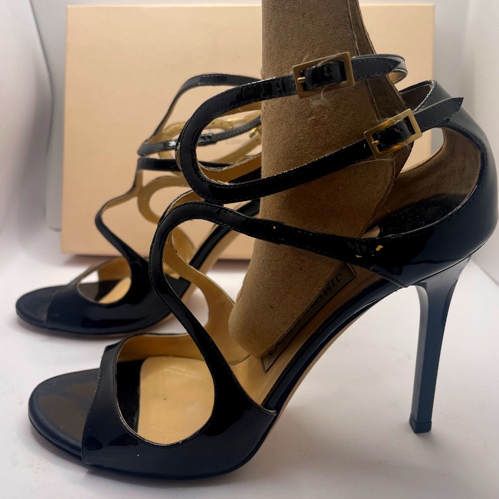 Jimmy Choo Patent Black Leather Strappy Sandals with heel